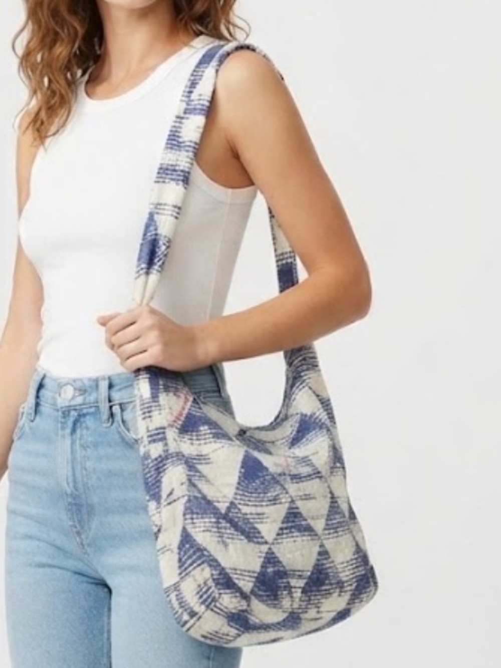 Free People Woven Cloth Blue Cream Shoulder Bag - Casual Tote Purse Bag